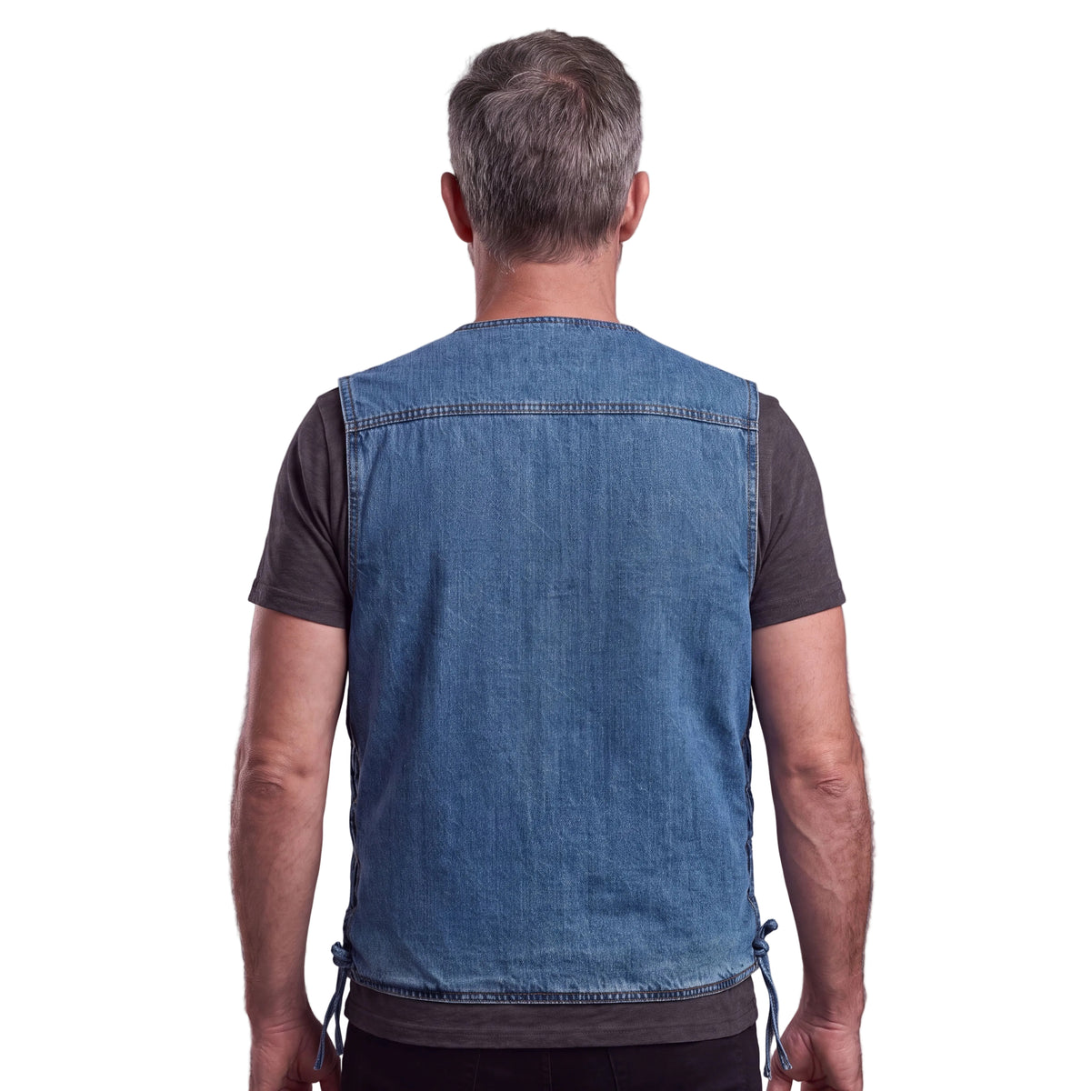 Vance Mens Blue V-Neck Denim Vest for Motorcycle Riders - back pose