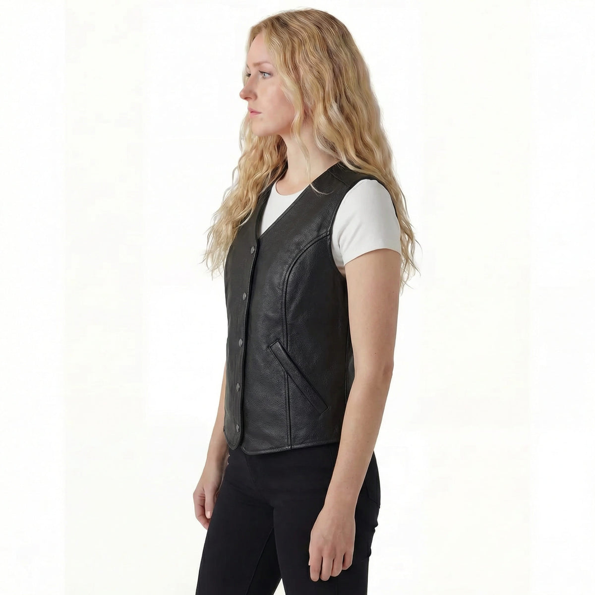 Womens Black Five Snap Lady Biker Leather Motorcycle Vest with Conceal Carry Pockets and Patch Ready