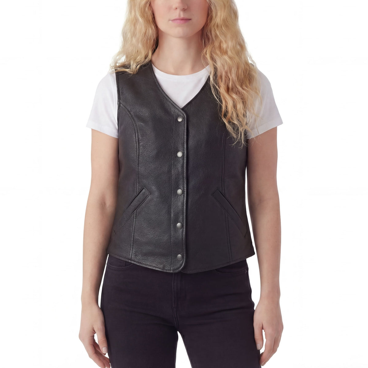 Womens Black Five Snap Lady Biker Leather Motorcycle Vest with Conceal Carry Pockets and Patch Ready