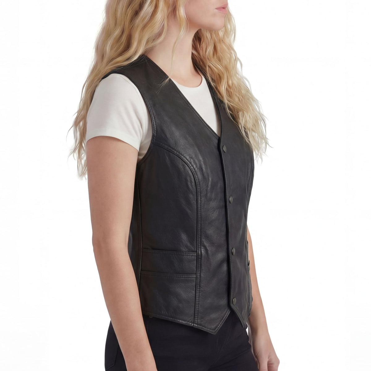 Vance Women’s Classic Black Leather Motorcycle Vest Snap Front Biker Vest with CCW Pockets - side pose