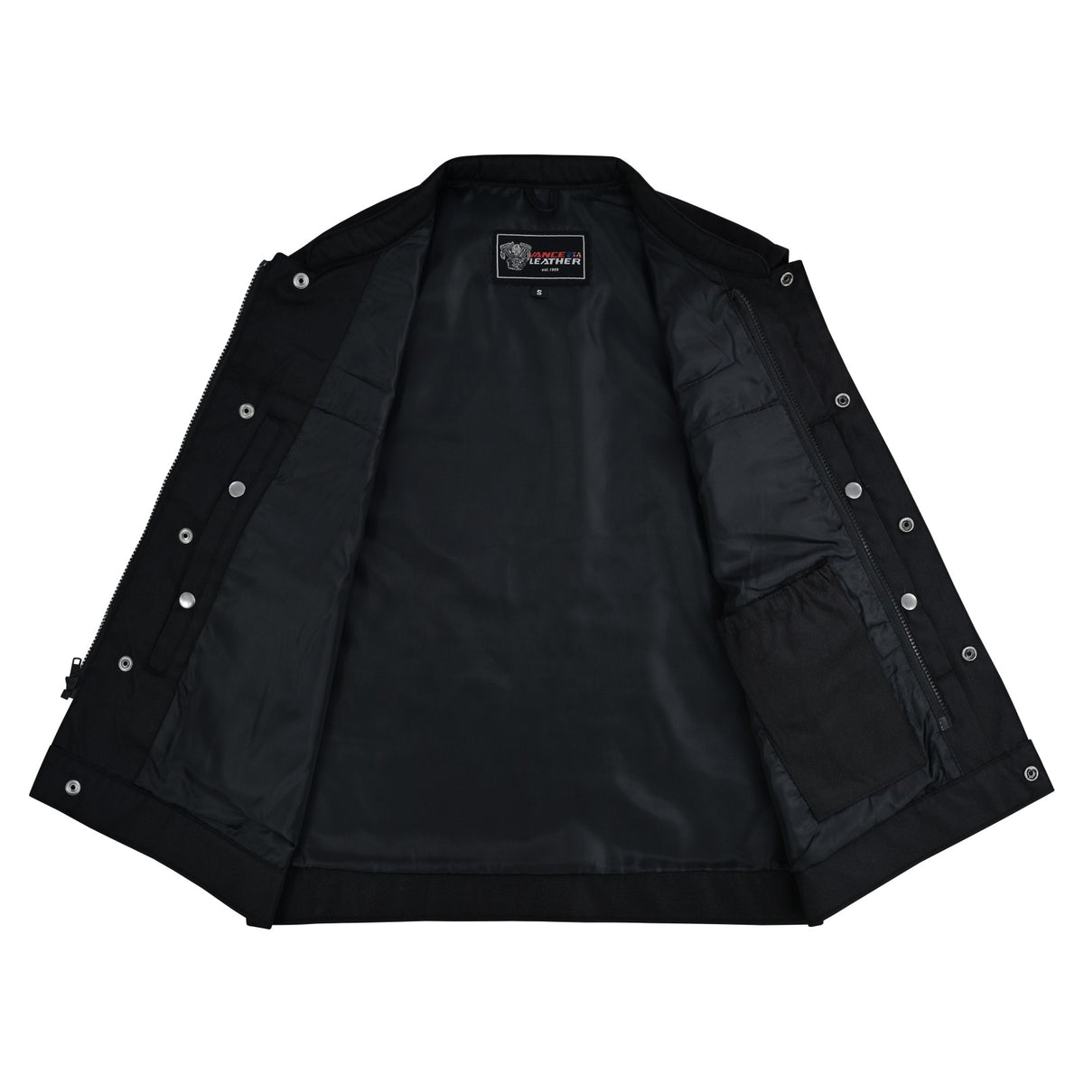 Men’s Black Textile Motorcycle Vest, Heavy Duty SOA Club Style Vest w/ Front Zipper and Snap Closure