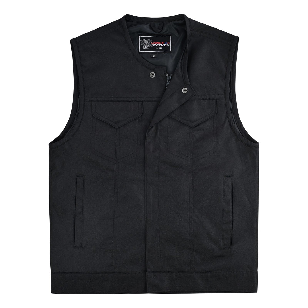 Men’s Premium Collarless Textile Motorcycle Vest Heavy Duty SOA Club Style Vest w/ Front Zipper and Snap Closure - Flat image