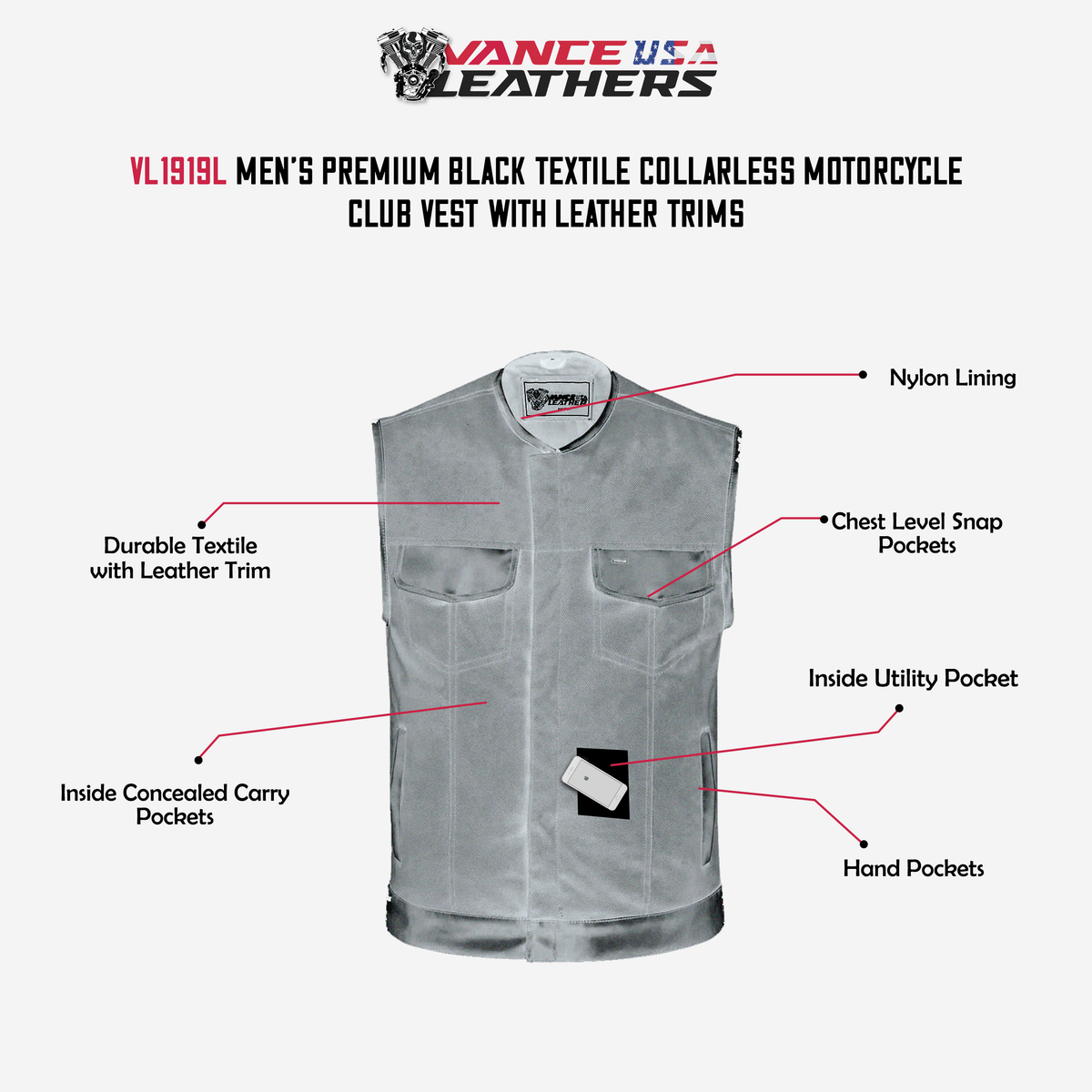 Men's Premium Black Textile Collarless Motorcycle Club Vest with Leather Trims