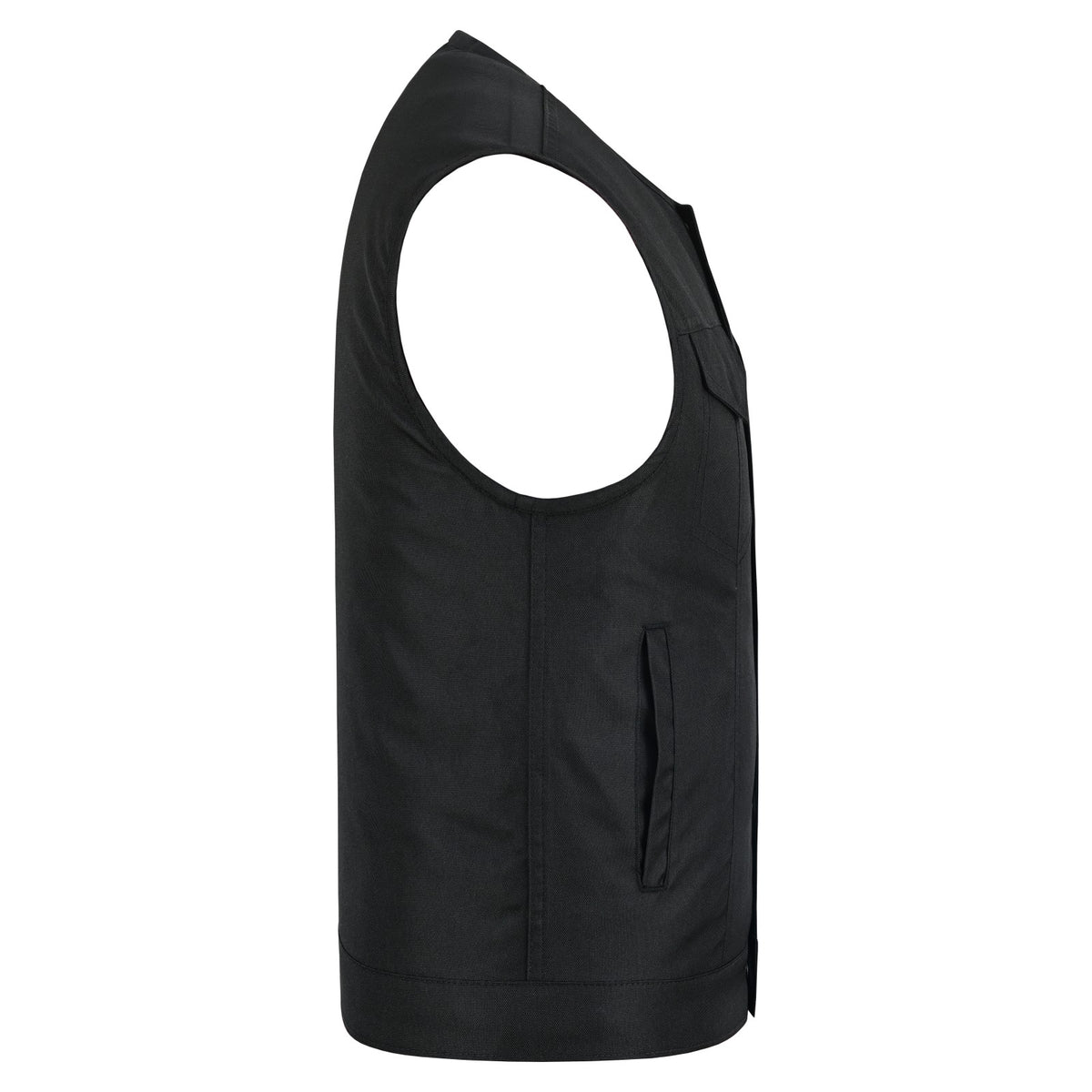 Men’s Premium Collarless Textile Motorcycle Vest Heavy Duty SOA Club Style Vest w/ Front Zipper and Snap Closure - Side View