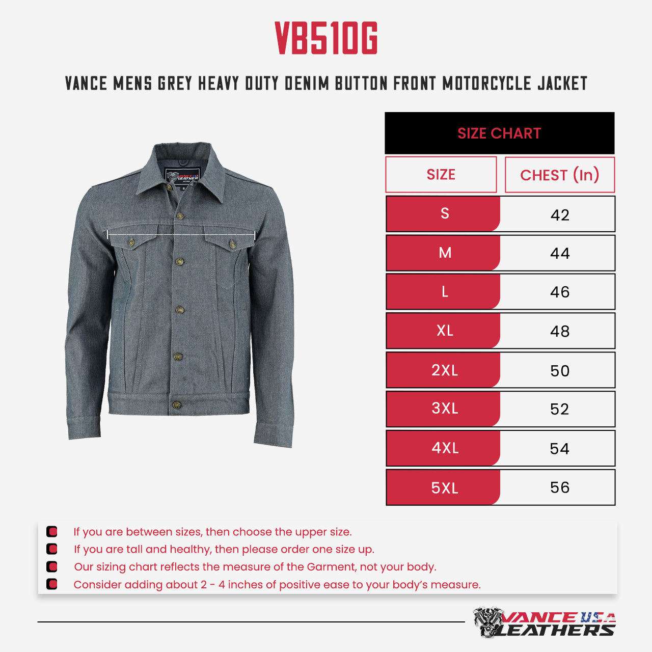 vl510-Sizechart-description.jpg vance-mens-grey-heavy-duty-denim-button-front-motorcycle-jacket-jean-jacket-for-men-size-chart