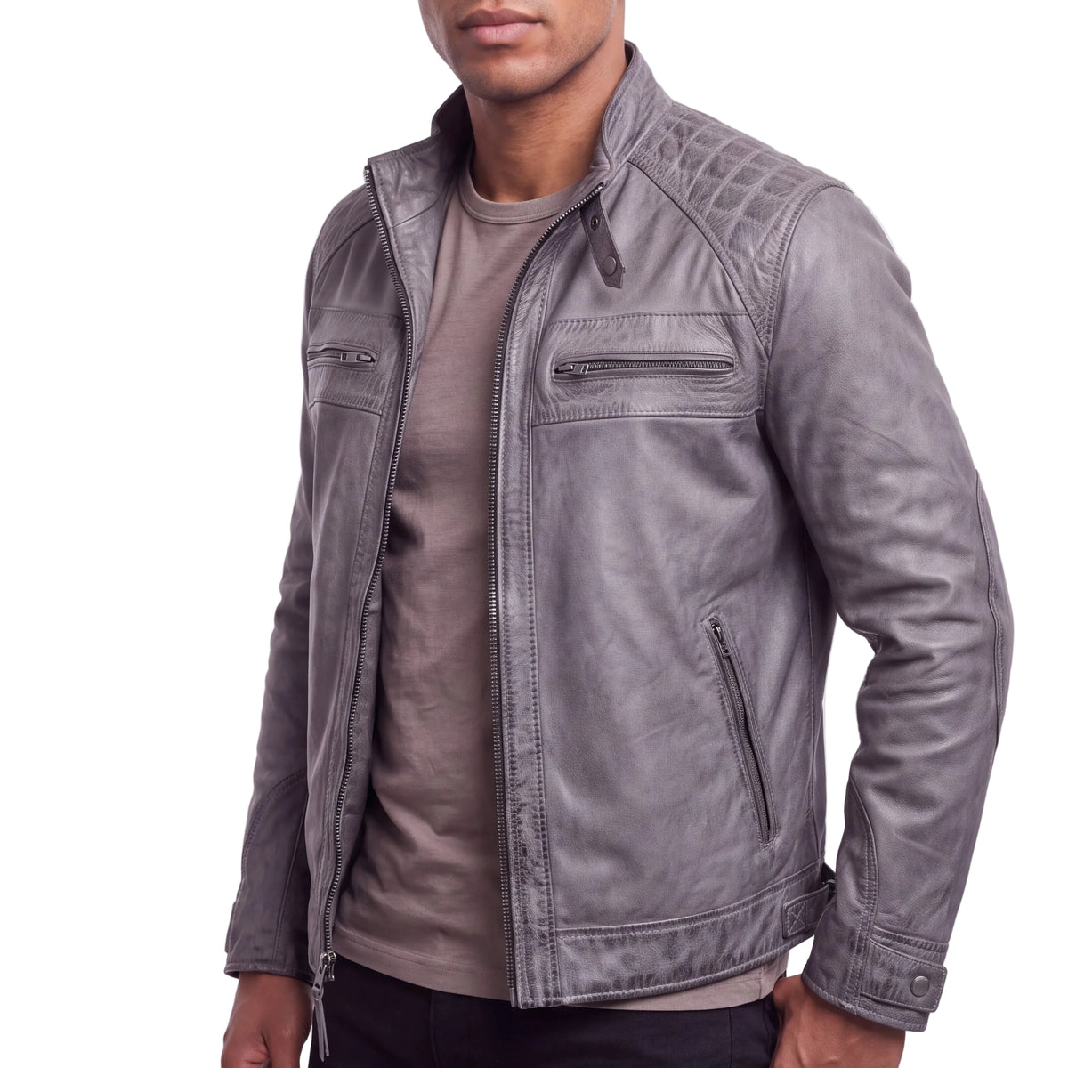 Men's Cafe Racer Waxed Lambskin Distressed Grey Motorcycle Leather Jacket - side image