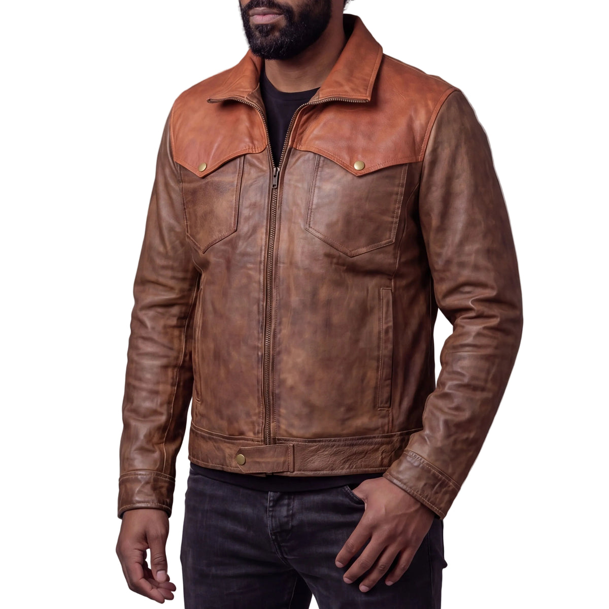 Men's Western Waxed Two-Tone Austin Brown Leather Jacket - side pose