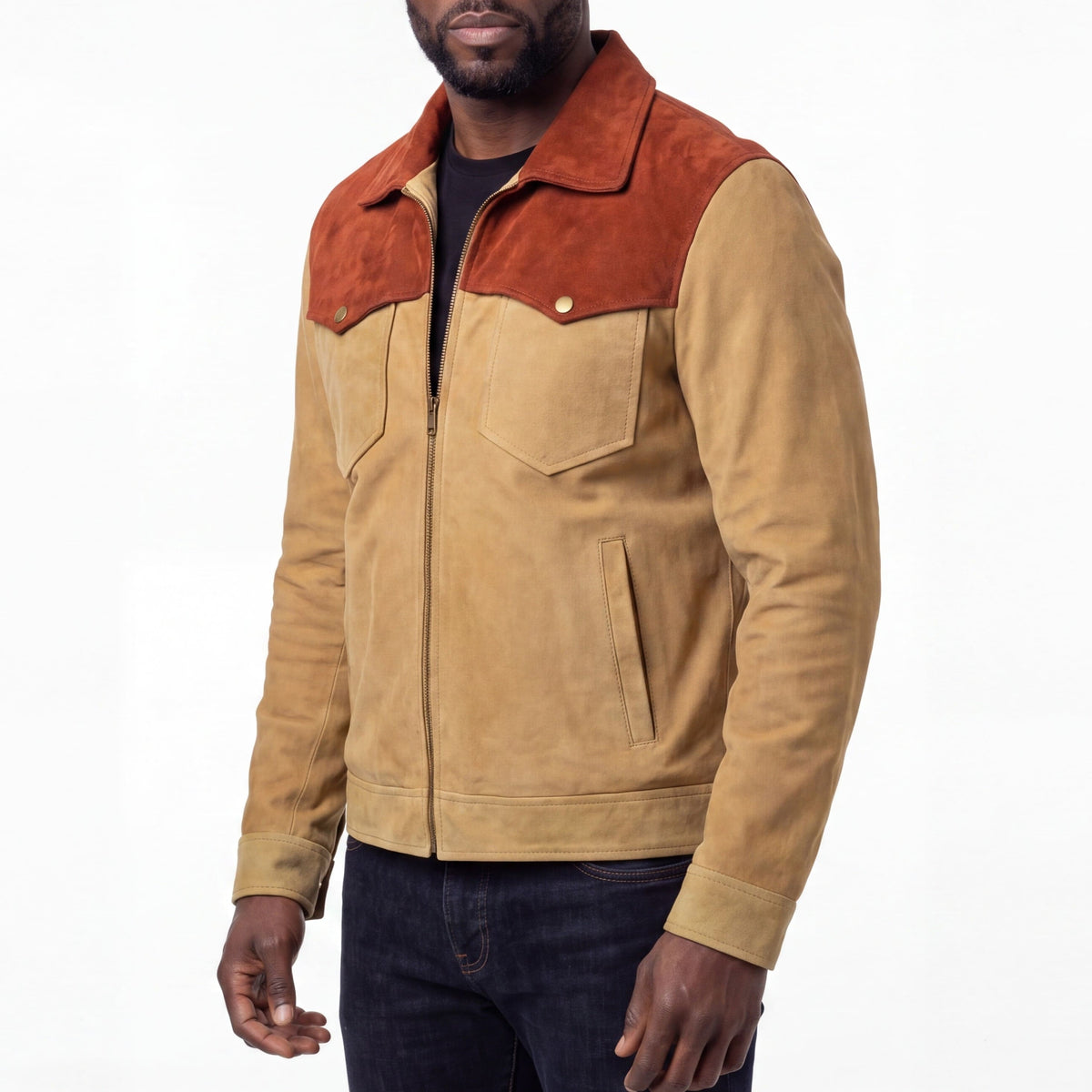 Men's Western Goat Suede Two-Tone Leather Jacket - side pose