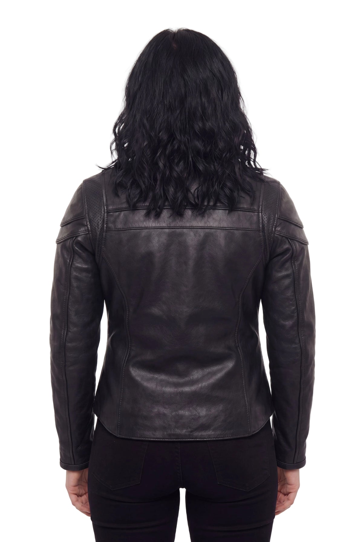 Womens Black Soft Cowhide Leather Sporty Scooter Crossover Biker Motorcycle Riding Jacket - back pose