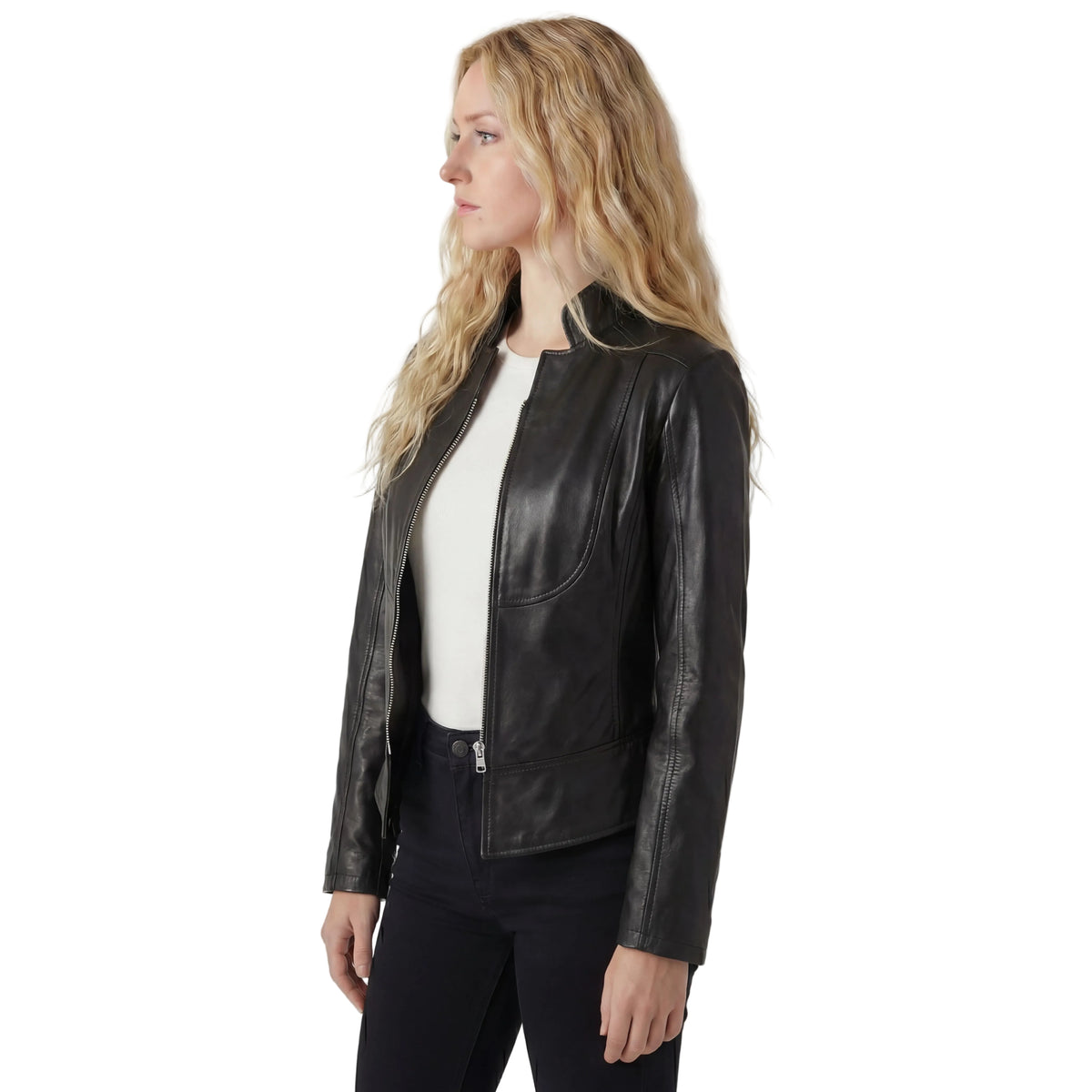 Vance Leathers Ladies Premium Soft Lightweight Black Fitted Motorcycle Leather Jacket Side Pose