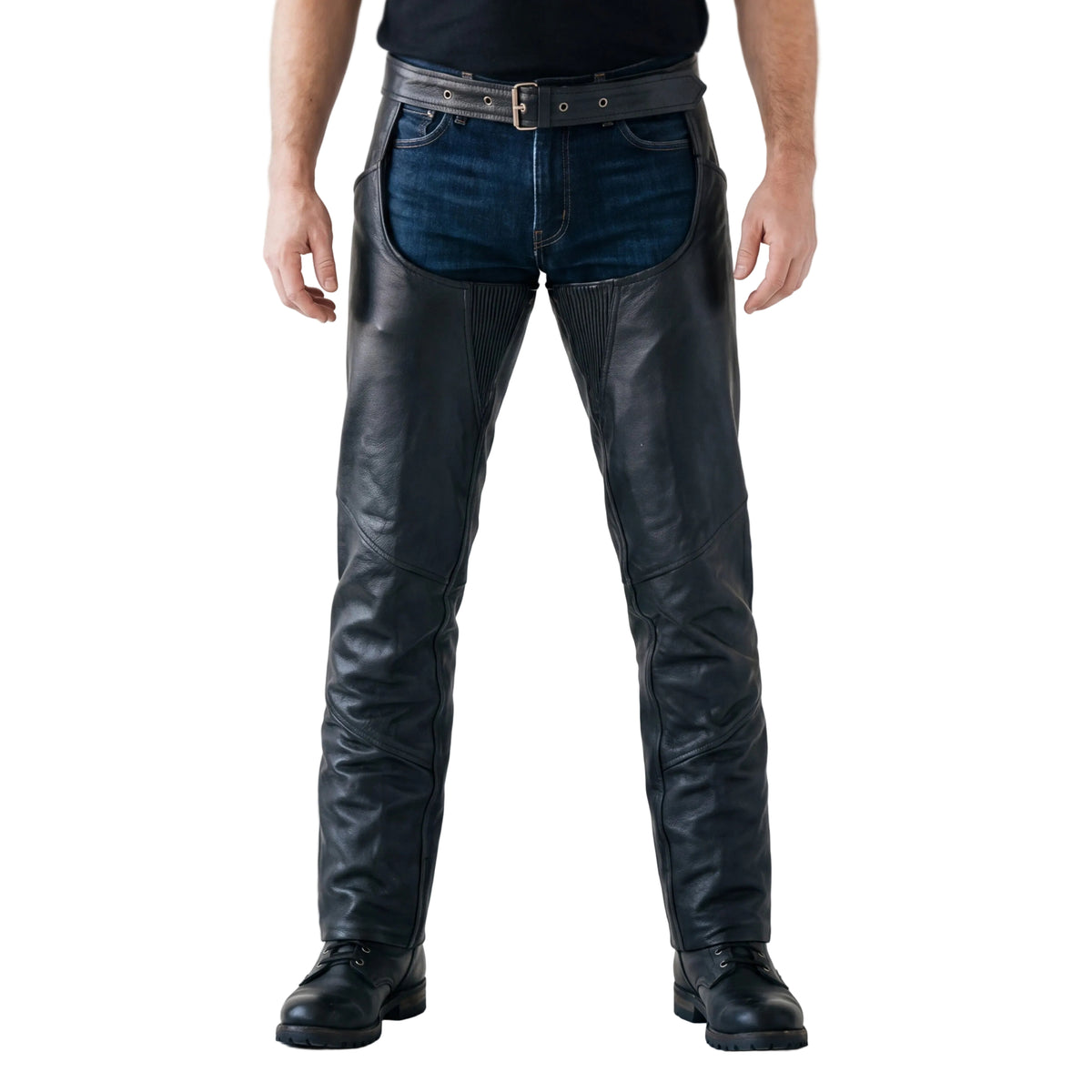 Vance Leather Unisex Black Zip-out Insulated Pants Style Biker Leather Motorcycle Chaps - front pose