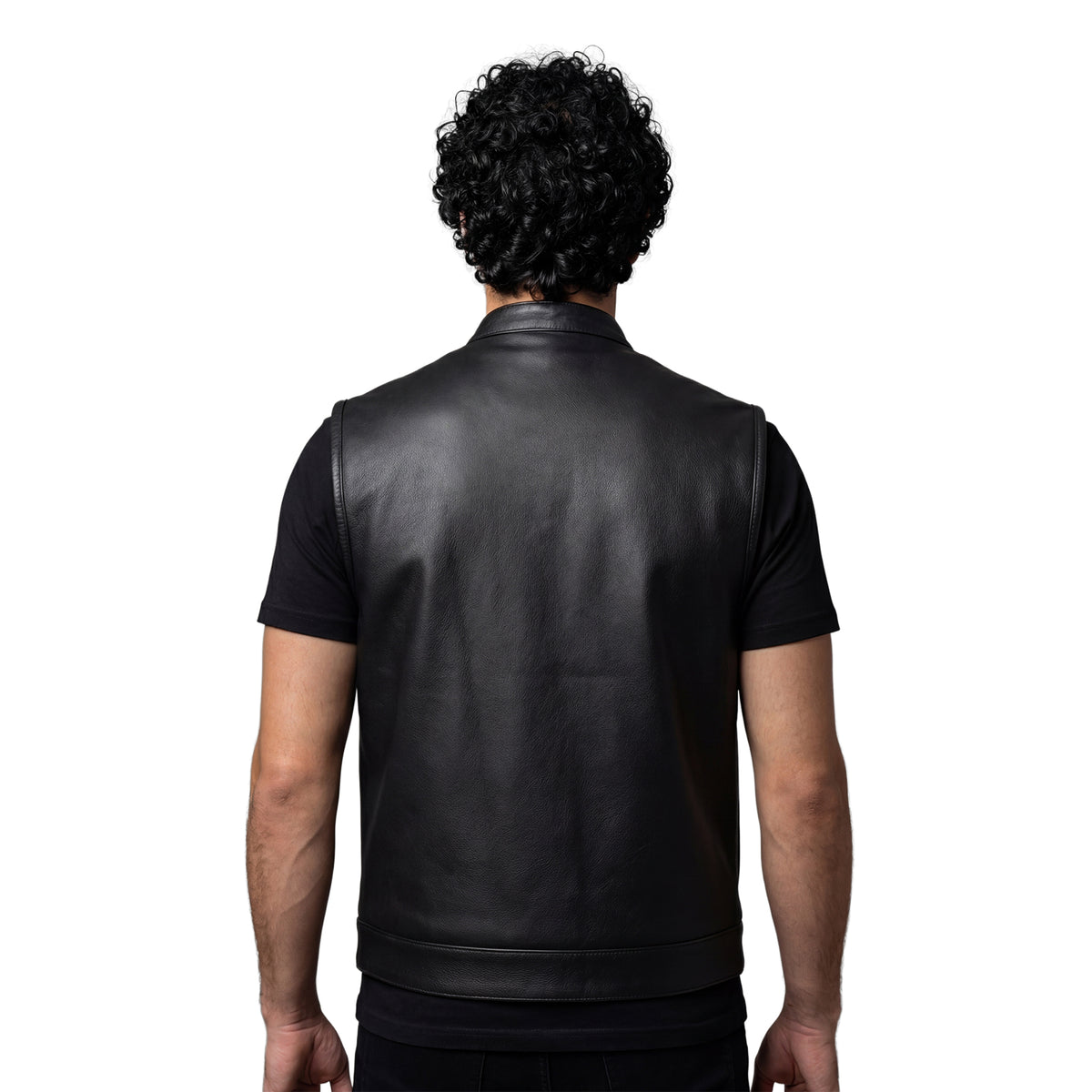 Vance Mens Black Premium Cowhide Leather Motorcycle Biker SOA Style Club Vest with Hoodie - back pose