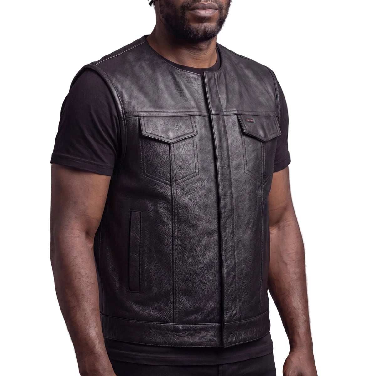 Mens Black Premium Cowhide Leather Motorcycle Vest With Quick Access Conceal Carry Pockets - side pose