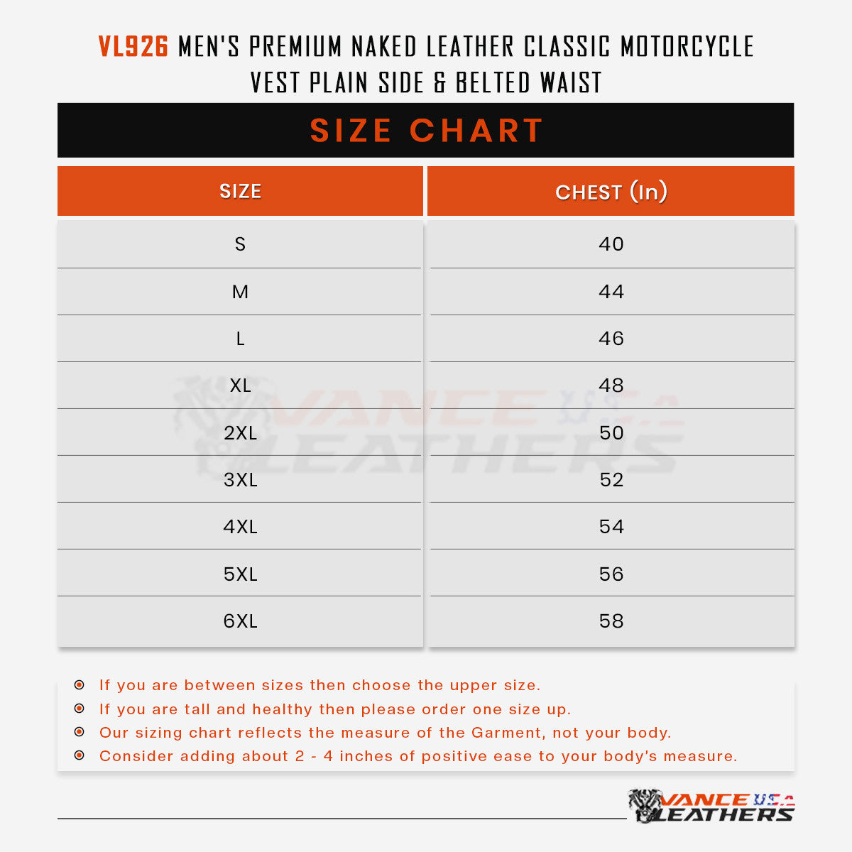 VL926-Sizechart.jpg VL926 Men's Premium Naked Leather Classic Motorcycle Vest Plain Side & Belted Waist Sizechart