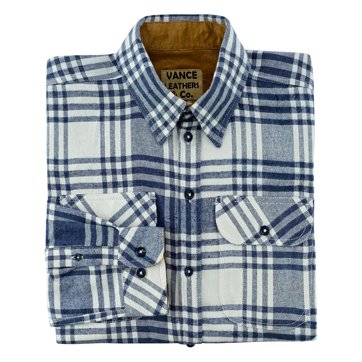 Folded Glacier blue and white plaid flannel shirt showing tan corduroy collar lining, chest pockets and buttoned cuff.