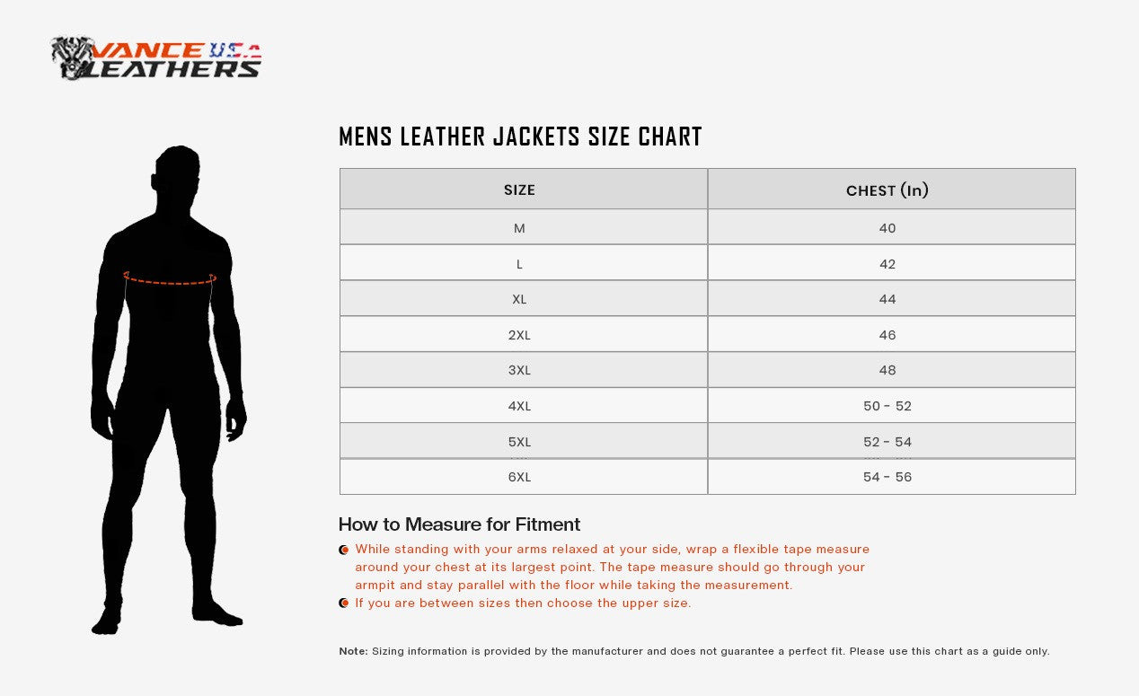mens-jacket-sizing-image.jpg Vance Leathers Mens Top Performer Motorcycle Leather Jacket with Double Conceal Carry Pockets-sizechart