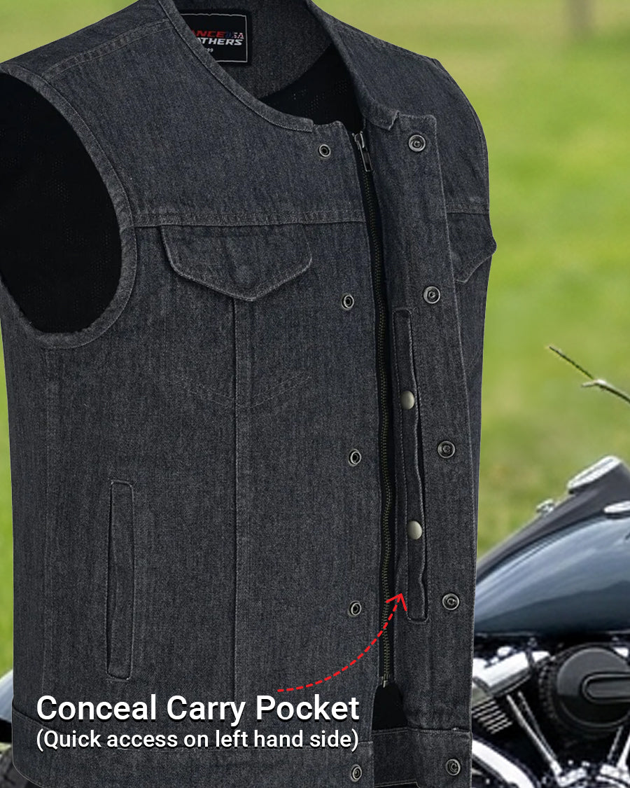 Men's Distressed Grey Denim Collarless Club Vest w Dual Front Closure & CCW Pockets
