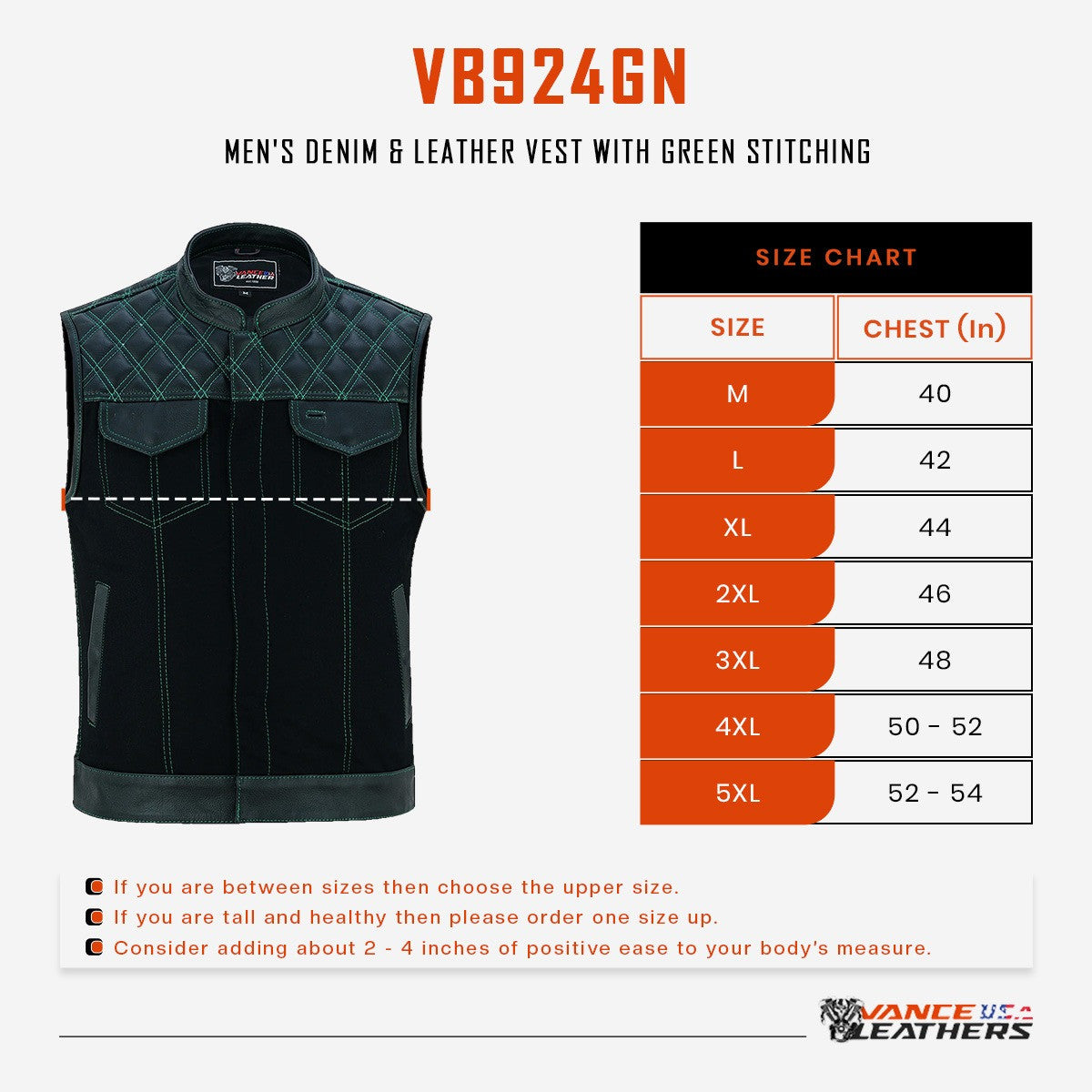 vance-leather-mens-denim-leather-motorcycle-vest-with-conceal-carry-pockets-soa-biker-club-vest-green-stiching-diamond-padding-snap-zipper-closure-description-sizechart.jpg Vance Leathers Men's Denim & Leather Motorcycle Vest with Conceal Carry Pockets, SOA Biker Club Vest Green Stitching, Diamond Padding, Snap & Zipper Closure - Size Chart