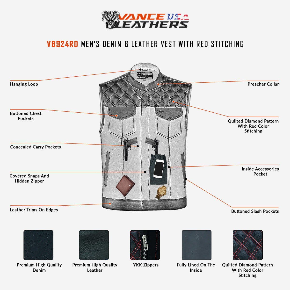Vance Leathers Men's Denim & Leather Motorcycle Vest with Conceal Carry Pockets, SOA Biker Club Vest Red Stitching, Diamond Padding, Snap & Zipper Closure -  Infographic