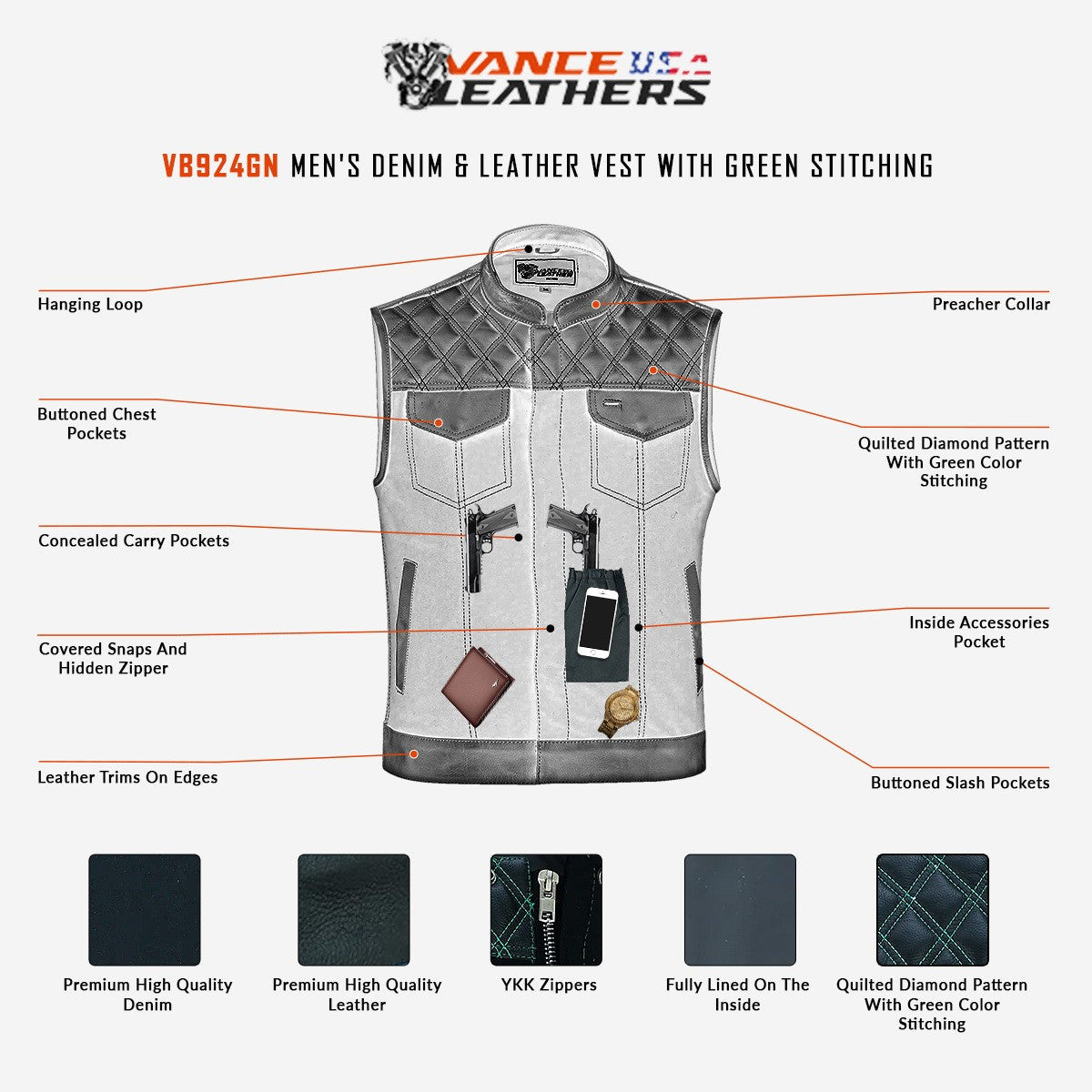 vance-leather-mens-denim-leather-motorcycle-vest-with-conceal-carry-pockets-soa-biker-club-vest-green-stiching-diamond-padding-snap-zipper-closure-infographics-description.jpg Vance Leathers Men's Denim & Leather Motorcycle Vest with Conceal Carry Pockets, SOA Biker Club Vest Green Stitching, Diamond Padding, Snap & Zipper Closure - Infographic