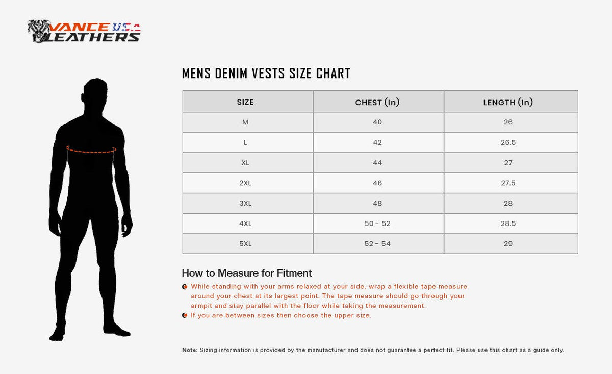 Mens-Collarless-Black-Denim-Leather-Vest-size-charts