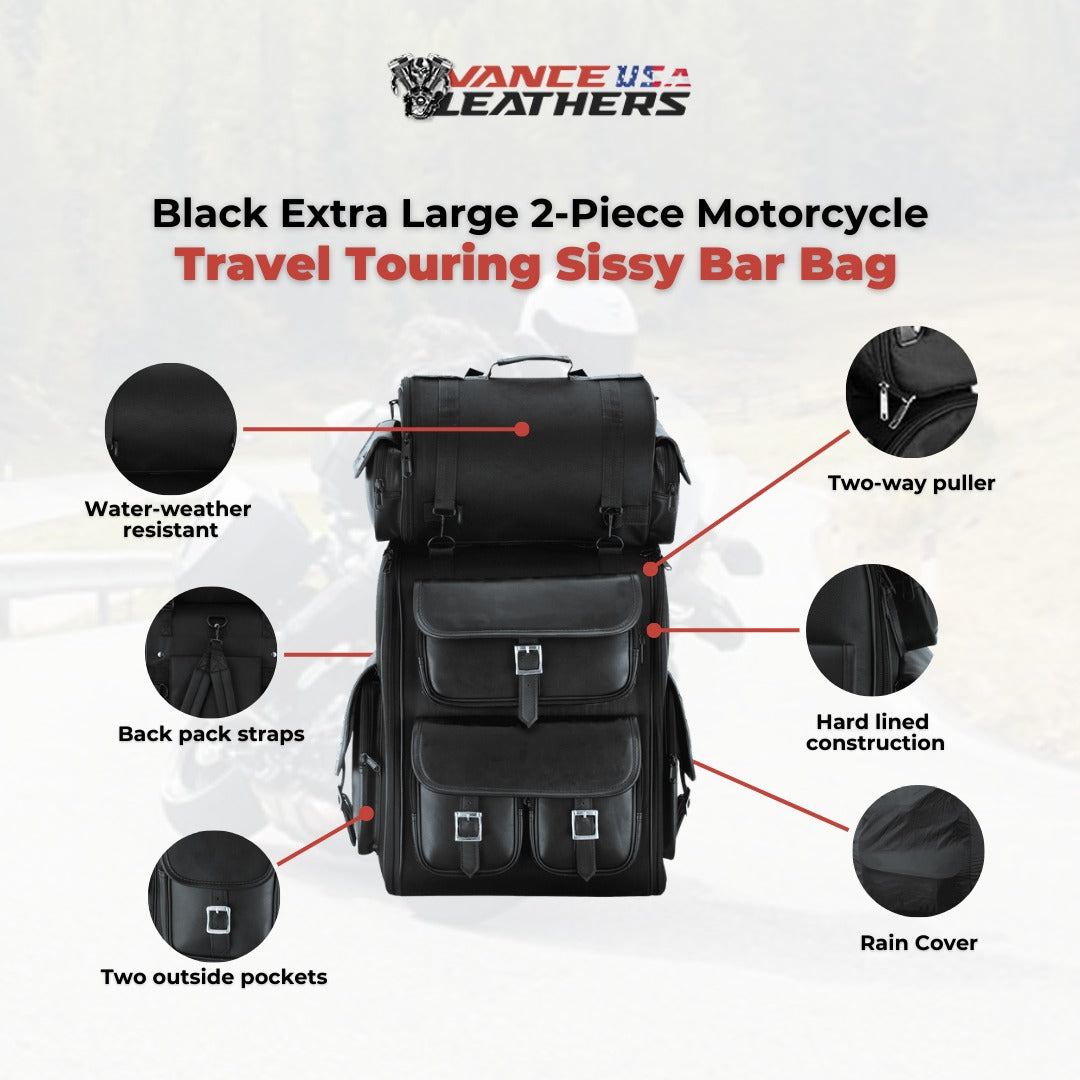 Black Large Deluxe Motorcycle Luggage Travel Touring Sissy Bar Bag