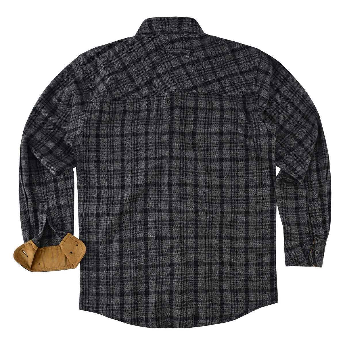 Men's Dark Truffle plaid flannel shirt laid flat, back view with diagonal plaid shoulder panel and tan cuff lining.