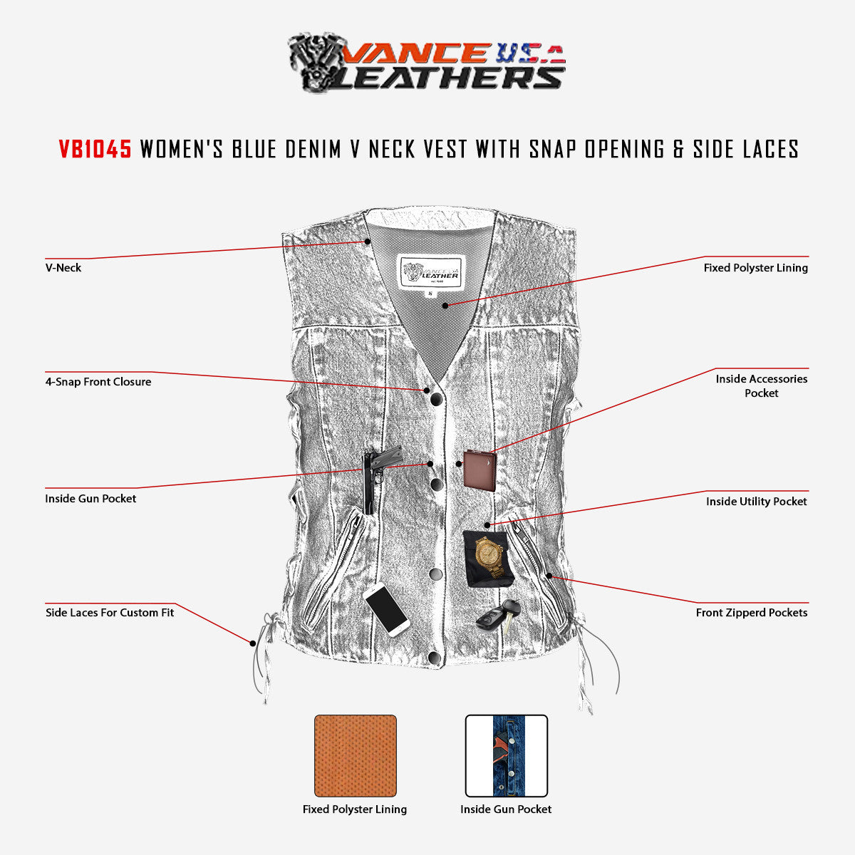 VB1045-infographics-descriptiona1.jpg VB1045 Women's Blue Denim V Neck Vest with Snap opening & side laces infographic