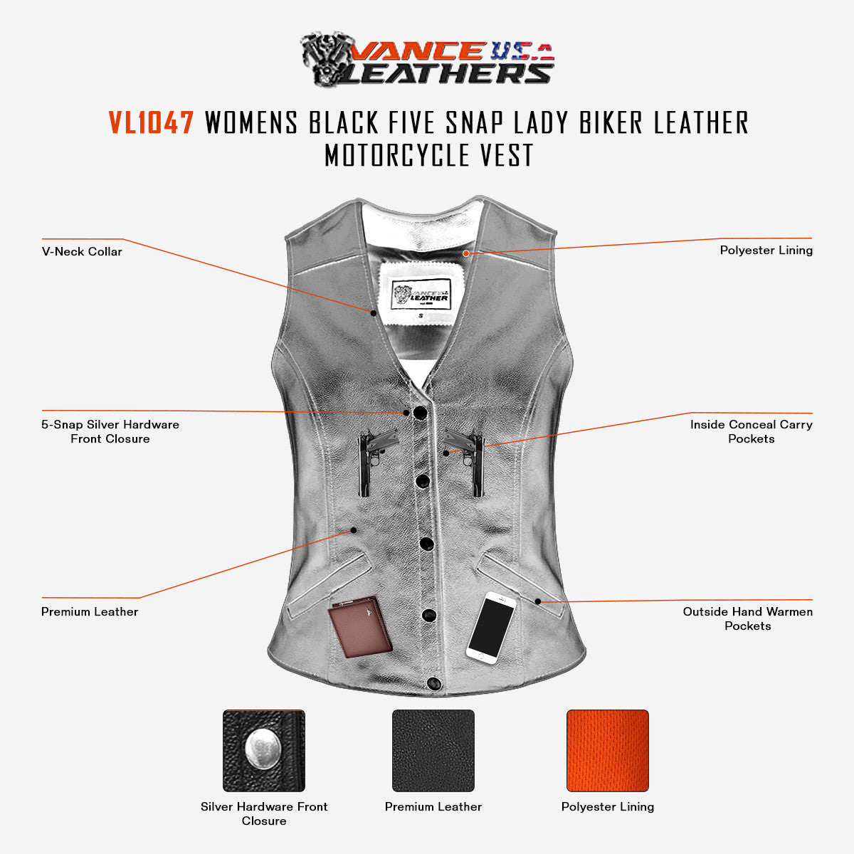 vl1047-infographics-descriptiona1.jpg Vance Womens Black Five Snap Lady Biker Leather Motorcycle Vest infographic