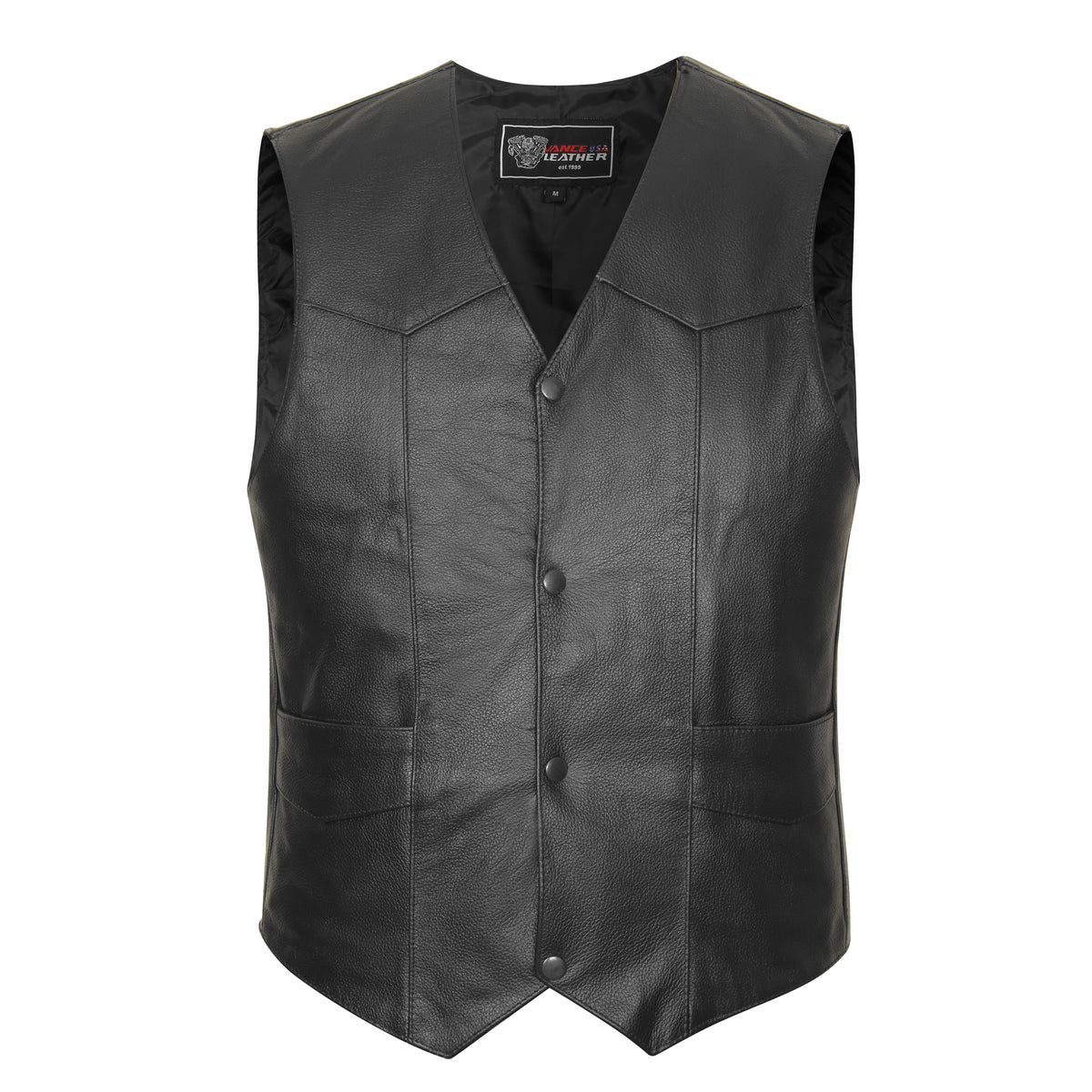 Front view of Vance Men's High Quality Cowhide Leather Plain Side Motorcycle Vest with 4-snap closure